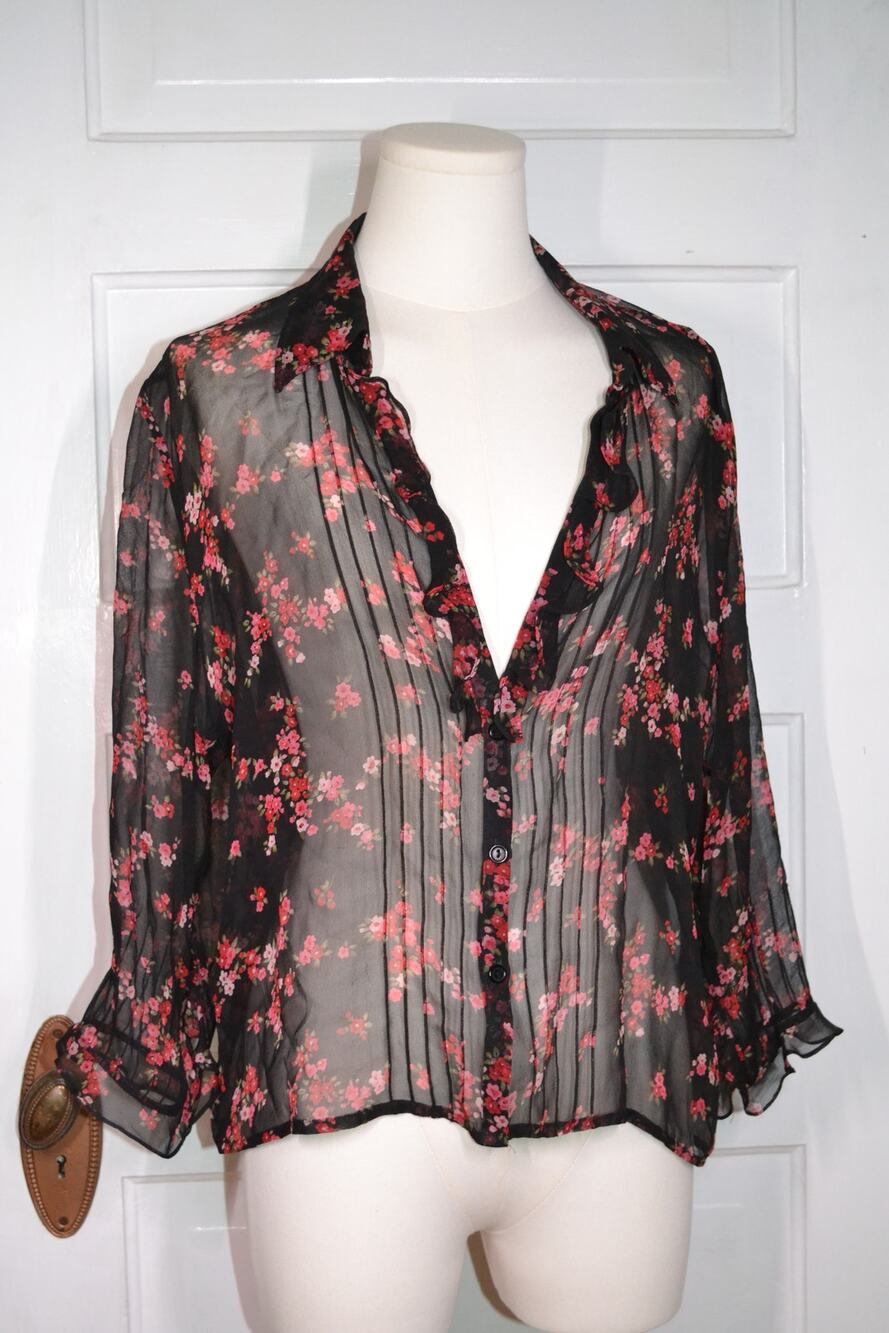 Sheer 100% Silk Dark Romantic Floral Renaissance Whimsygoth Button Up Flowy Top
